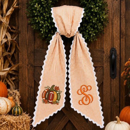 Personalized Football Pumpkin Wreath Sash, Custom Monogram Embroidered Bow, Orange Striped Fall Door Decor, Thanksgiving Porch Sash