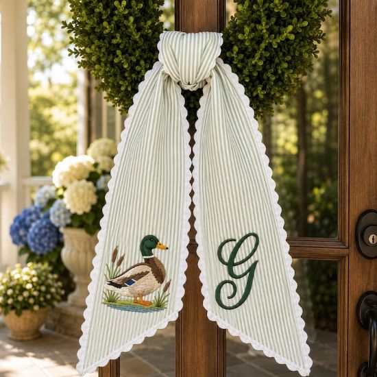Custom Embroidered Mallard Duck Stripe Wreath Sash, Personalized Monogram Door Bow, Home Decor, Hunting Wreath Sash Door Decor