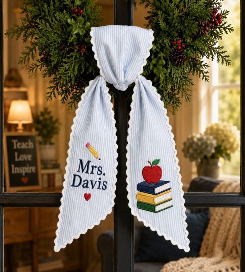 Personalized Teacher Back to School Wreath Sash, Embroidered School Bus Door Bow, Custom Name Seersucker Classroom Door Decor,Gift Cute Bow