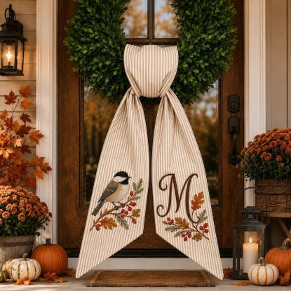 Personalized Bird Fall Wreath Sash, Monogram Door Bow, Custom Holiday Wreath Decor, Embroidered Bird Fall Gift