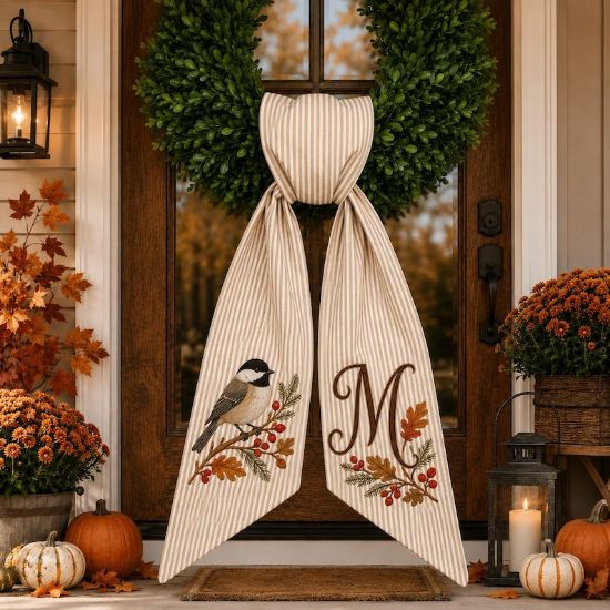 Personalized Bird Fall Wreath Sash, Monogram Door Bow, Custom Holiday Wreath Decor, Embroidered Bird Fall Gift