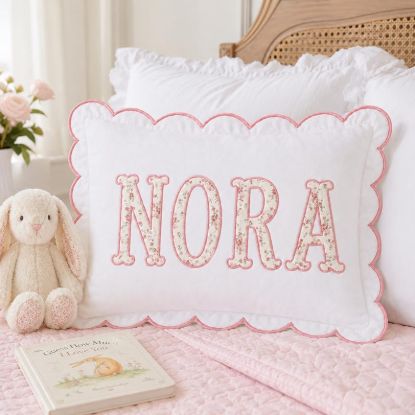 Personalized Embroidered Floral Name Scalloped Pillow | Custom Appliqué Nursery Cushion | Baby Shower Gift | Dorm Room Decor | Baby Gift