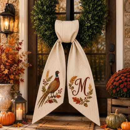 Personalized Pheasant Wreath Bow, Embroidered Fall Door Bow, Thanksgiving Front Door Decor Farmhouse, Custom Initial Autumn Wreath Sash