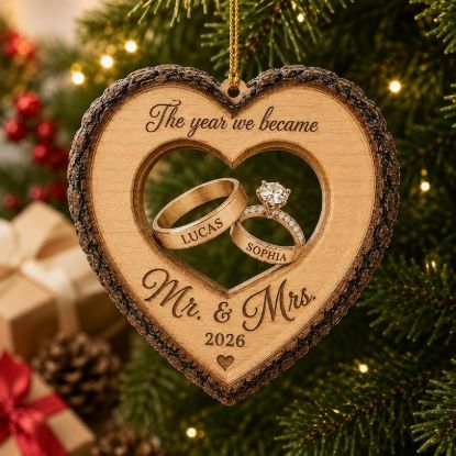Custom The Year We Became Mr & Mrs Ornament, Personalized Name Heart Ring Keepsake, First Christmas Married 2026, Newlywed Wedding Gift