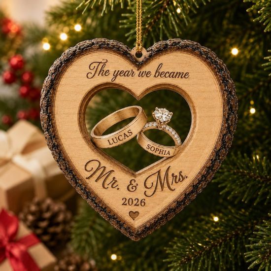 Custom The Year We Became Mr & Mrs Ornament, Personalized Name Heart Ring Keepsake, First Christmas Married 2026, Newlywed Wedding Gift