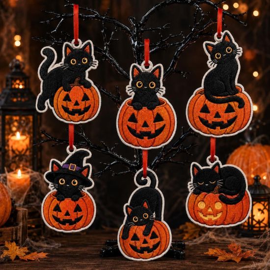 Black Cat Pumpkin Embroidered Ornament, Halloween Hanging Decoration, Cute Spooky Cat Gift, Jack O Lantern Decor, Cozy Fall Home Accent